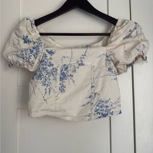 Zara Girls’ Cream with Blue Floral Puff Sleeve Crop Top Smocked Back Size 11-12